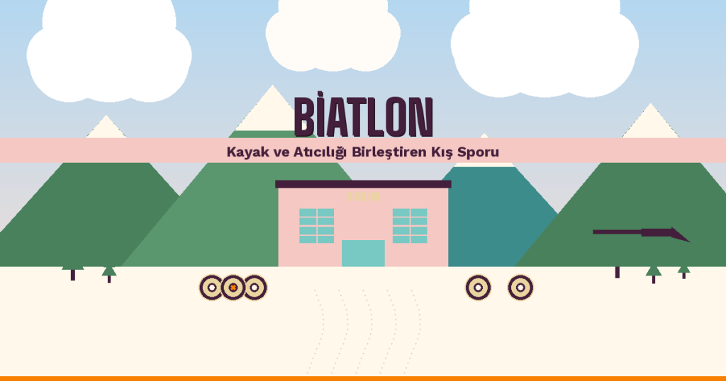 Biatlon nedir infografik kapak görseli, karlı dağ manzarası önünde biatlon kulübesi, hedef tablaları ve kayak izleri ile surreal pastel retro tarzda tasarlanmış illüstrasyon