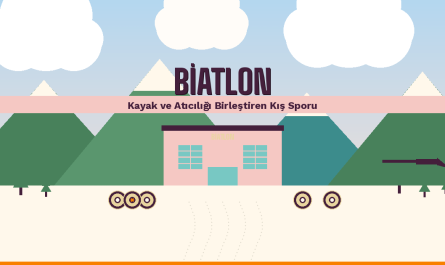 Biatlon nedir infografik kapak görseli, karlı dağ manzarası önünde biatlon kulübesi, hedef tablaları ve kayak izleri ile surreal pastel retro tarzda tasarlanmış illüstrasyon